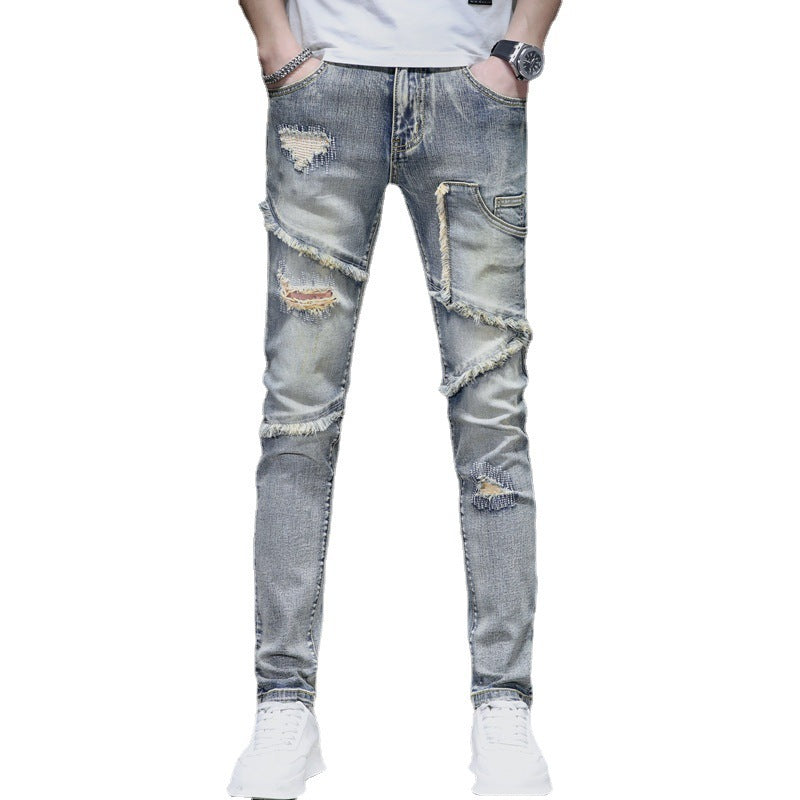 Distressed Raw Hem Ripped Stitching Stretch Denim Trousers