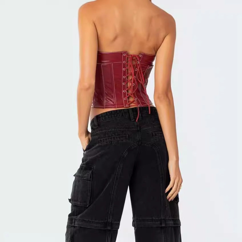 Women's Fashion PU Leather Lace-up Waist-controlled Top