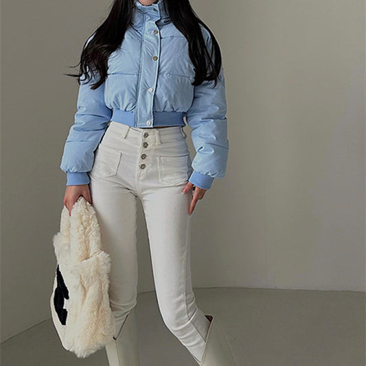 Hot Girl Fashionable Stand Collar Zipper Elastic And Waisted Warm Quilted Jacket Short Cotton Coat Women