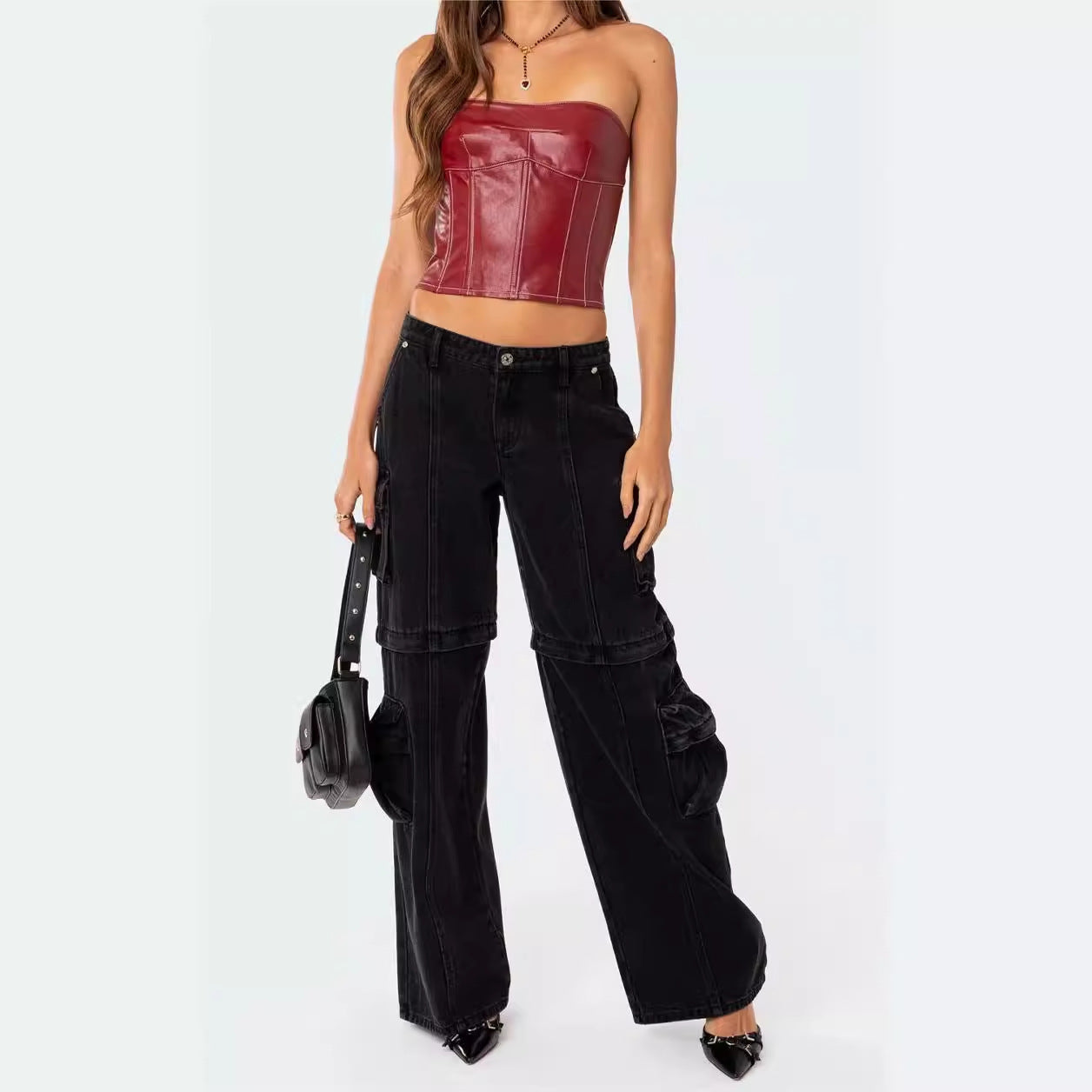 Women's Fashion PU Leather Lace-up Waist-controlled Top