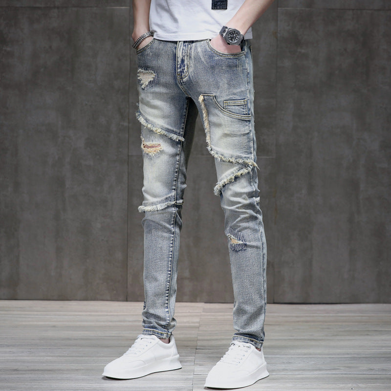 Distressed Raw Hem Ripped Stitching Stretch Denim Trousers