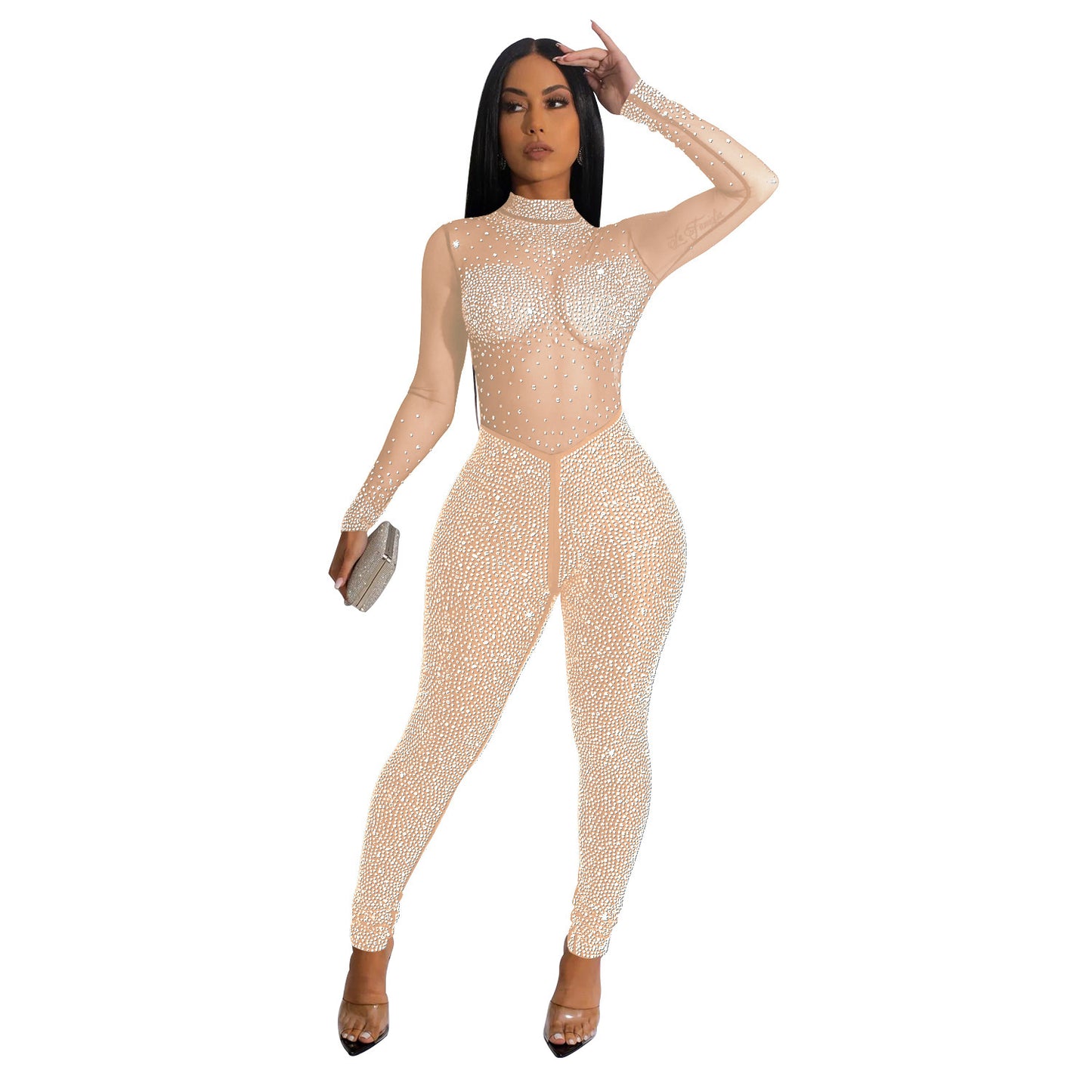 Fashion Women's Pure Color Mesh Hot Drilling Long Sleeve Jumpsuit