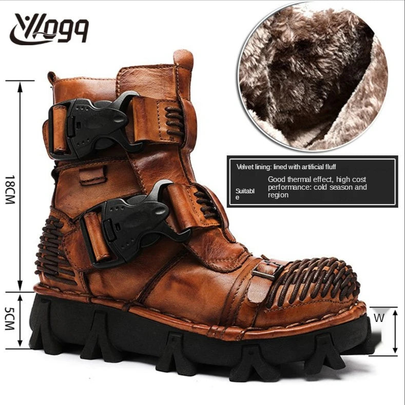 Men's Genuine Leather Motorcycle Boots Skull Gothic Punk Cowboy Boots Combat Ankle Boots Safety Work Shoes Military Boots Winter