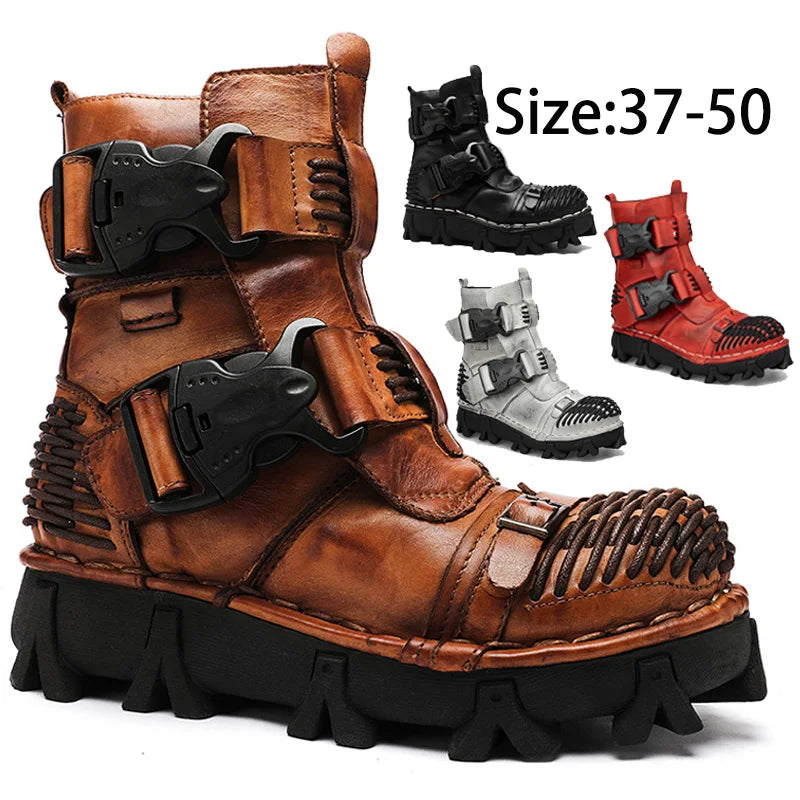 Men's Genuine Leather Motorcycle Boots Skull Gothic Punk Cowboy Boots Combat Ankle Boots Safety Work Shoes Military Boots Winter