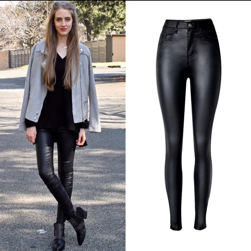 Styling Skinny Women Jeans High Waist Faux Leather Pants Outfit Leggings Chic Casual Girl Stretch Leather Denim Jeans C1075