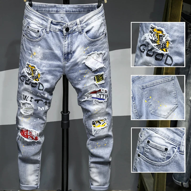 Ripped Men Jeans Jean Homme Pantalon Streetwear Moda Hombre Denim Trousers Biker High Quality Male Patchwork Harem Fashion