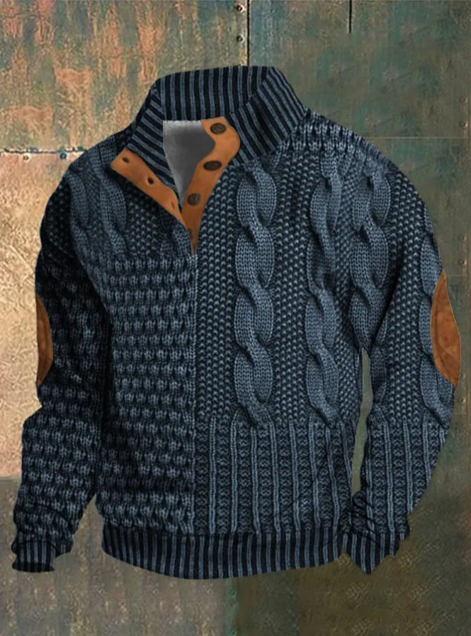 Digital Vintage Printed Stand Collar Button Sweater For Men