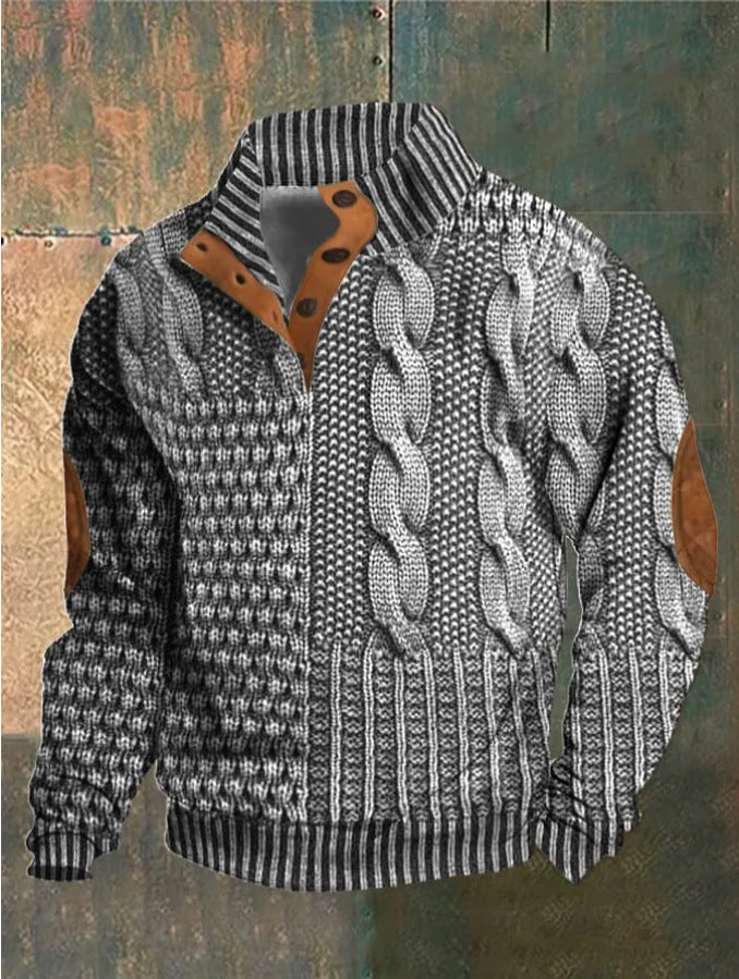 Digital Vintage Printed Stand Collar Button Sweater For Men