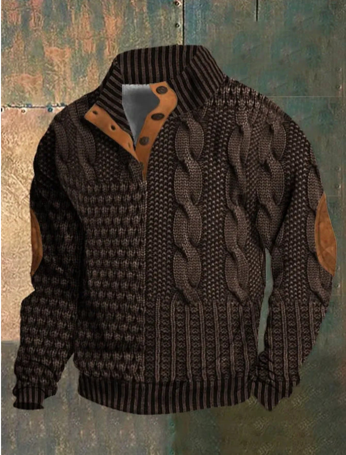 Digital Vintage Printed Stand Collar Button Sweater For Men