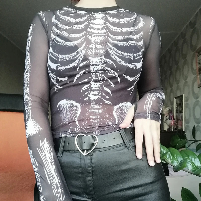 Goth Dark Skeleton Print Mesh Mall Gothic Women T-shirts Grunge Aesthetic See Through Sexy Crop Tops Emo Black egirl Alt Clothes