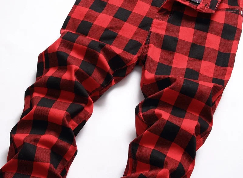 Spring Autumn Men's Slim Fit Elastic Jeans Fashion Trend Red Printed Plaid Straight Streetwear Denim Trousers Men Jeans