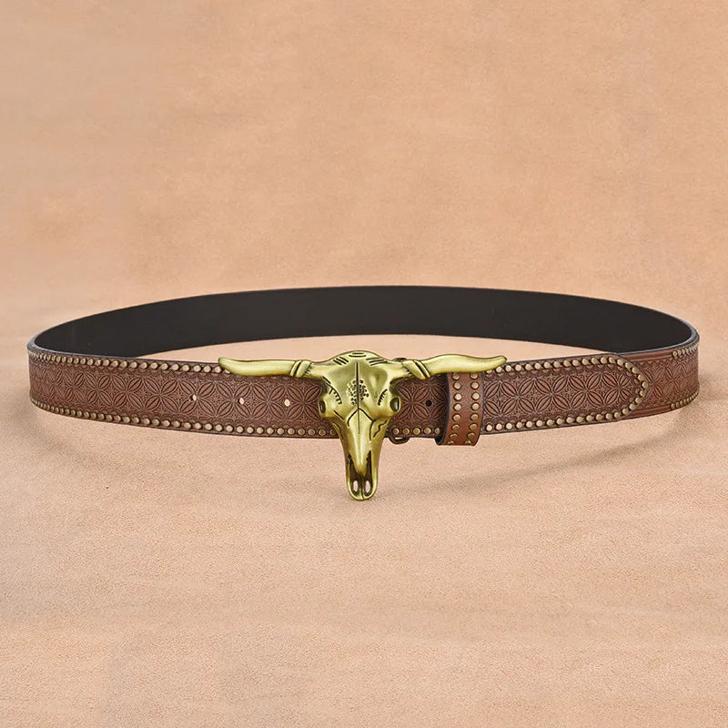 New Fashion Leather Belt Western Cowboy Buckle Belt Men Women Jeans Waist Strap Casual Vintage Engraved Floral Bull Buckle Belt