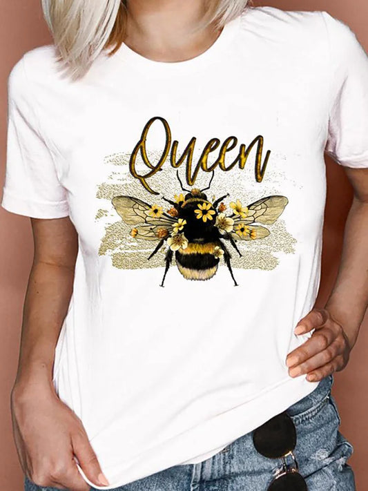 Women T Shirts Cartoon Bee Floral Queen Fashion Print Female Graphic T Top Female 90S Clothing Short Sleeve Shirt Tee T-Shirt