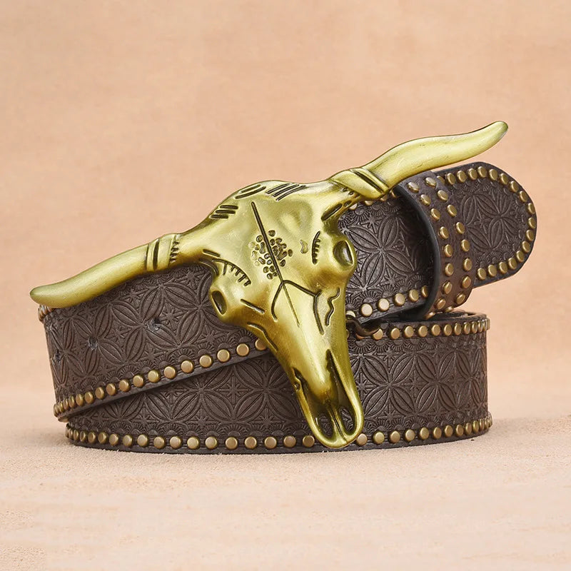 New Fashion Leather Belt Western Cowboy Buckle Belt Men Women Jeans Waist Strap Casual Vintage Engraved Floral Bull Buckle Belt