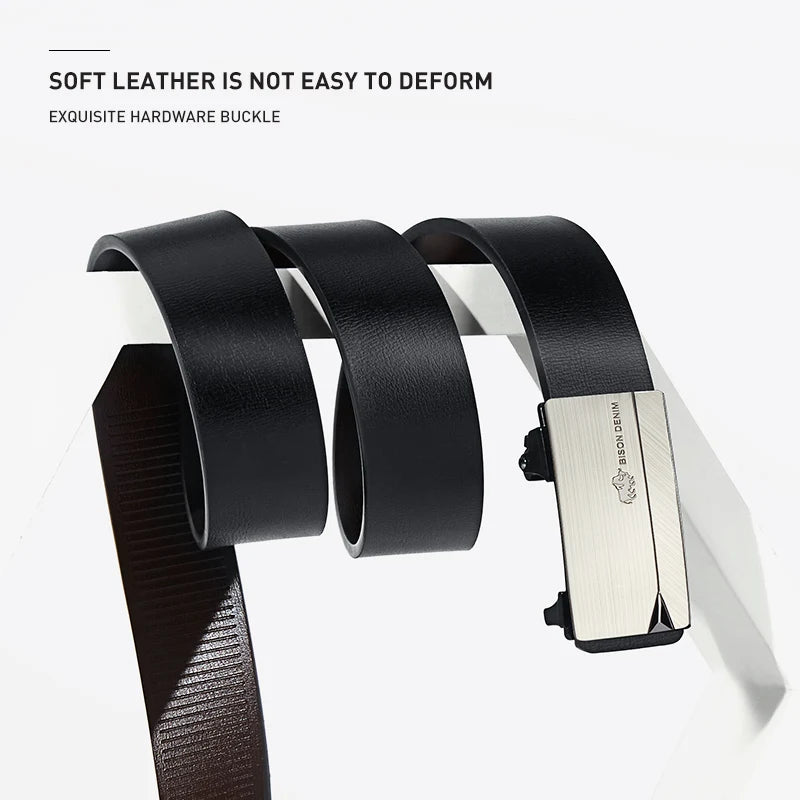 BISON DENIM Mens Leather Belt Automatic Buckle Business Style Strap Leisure Fashion Male's Waistband Top Quality For Men Jeans