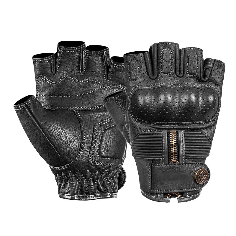 Summer Motorcycle Gloves Leather Half Finger Short Gloves Zipper Antique Tactical Luvas de Moto de Verão Couro Meio Dedo Tático