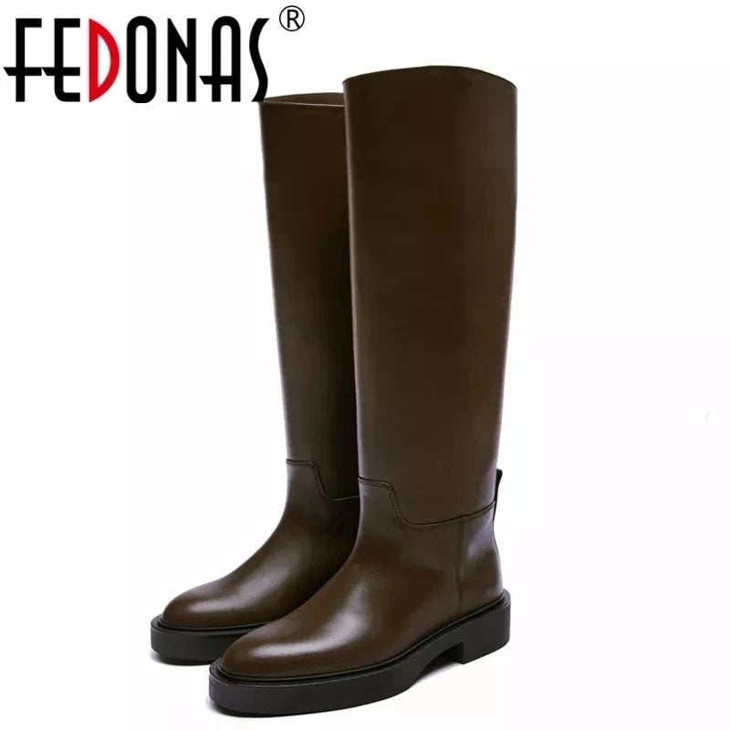 FEDONAS 2023 Ins Genuine Leather Knee High Boots For Women Thick Heeled Autumn Winter Warm Shoes Woman High Motorcycle Boots