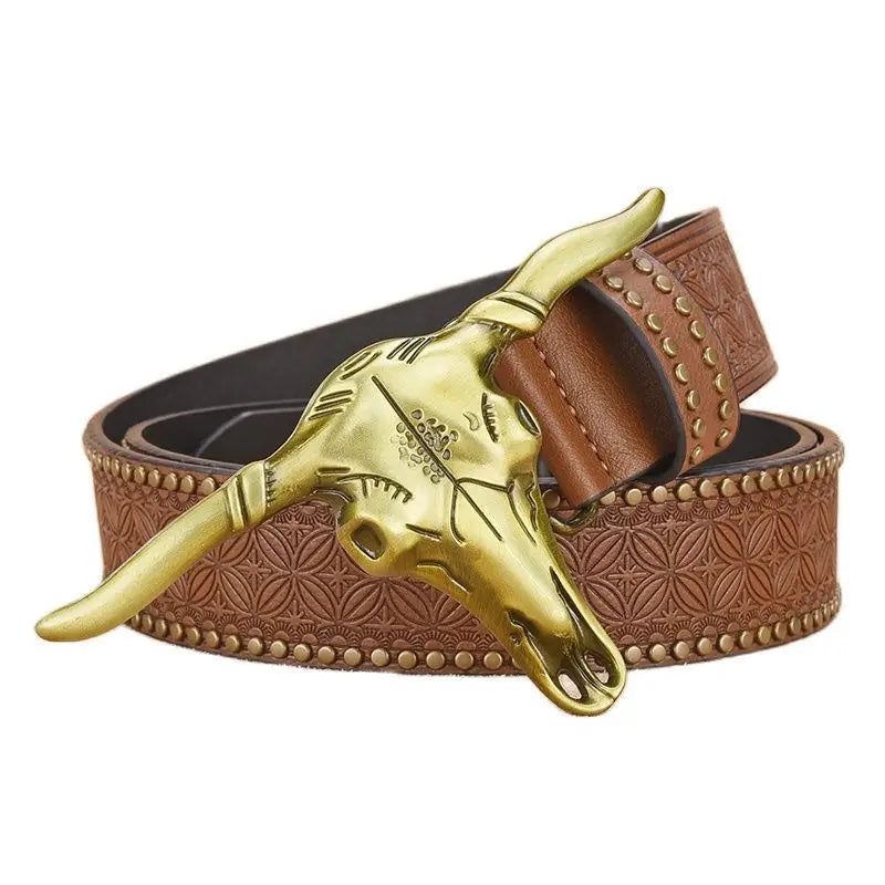 New Fashion Leather Belt Western Cowboy Buckle Belt Men Women Jeans Waist Strap Casual Vintage Engraved Floral Bull Buckle Belt