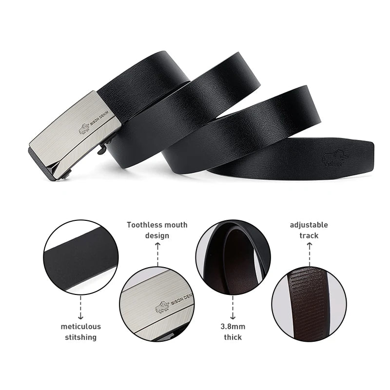 BISON DENIM Mens Leather Belt Automatic Buckle Business Style Strap Leisure Fashion Male's Waistband Top Quality For Men Jeans