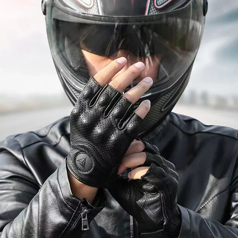 Women Half Finger Motorcycle Gloves Leather Summer Fingerless Moto Gloves Racing Leather  Tactical Retro  motorbike  gloves