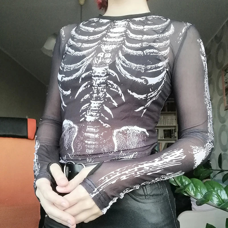 Goth Dark Skeleton Print Mesh Mall Gothic Women T-shirts Grunge Aesthetic See Through Sexy Crop Tops Emo Black egirl Alt Clothes