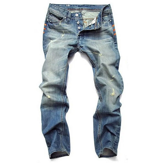 Fashion Button Fly Ripped Nostalgic Jeans Men Trousers Straight Slim Fit Cotton High Quality Casual Denim Pants Men Jeans