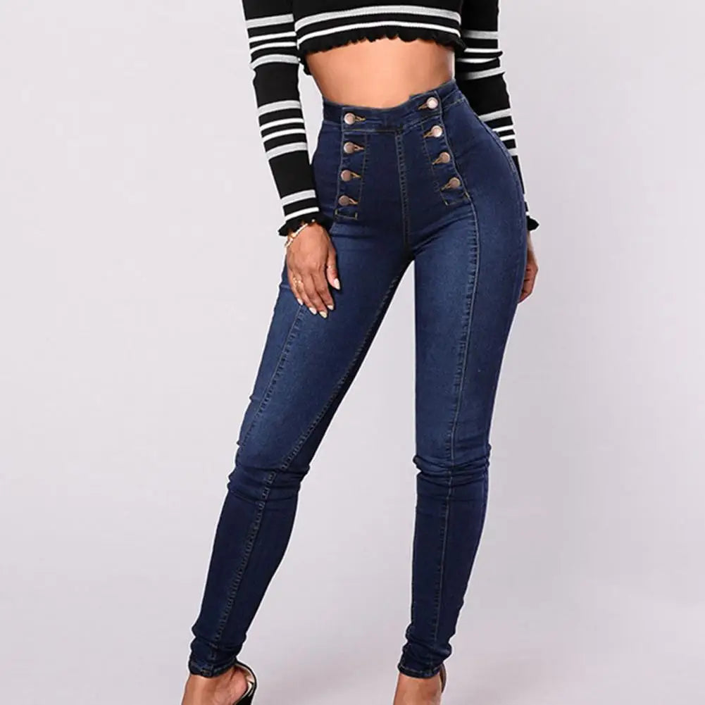 High Waist Buttons Decoration Shaping Women Jeans Pockets Push Up Fashion Skinny Double-breasted Pencil Jeans Streetwear