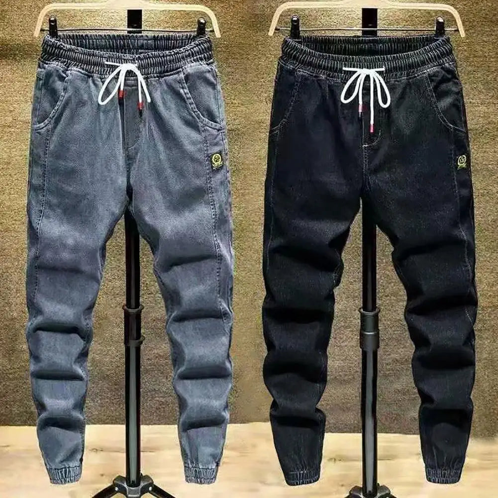 Trendy Men Jeans  Elastic Waist Spring Autumn Men Cargo Jeans  Lace-up Ankle Tied Harem Pants