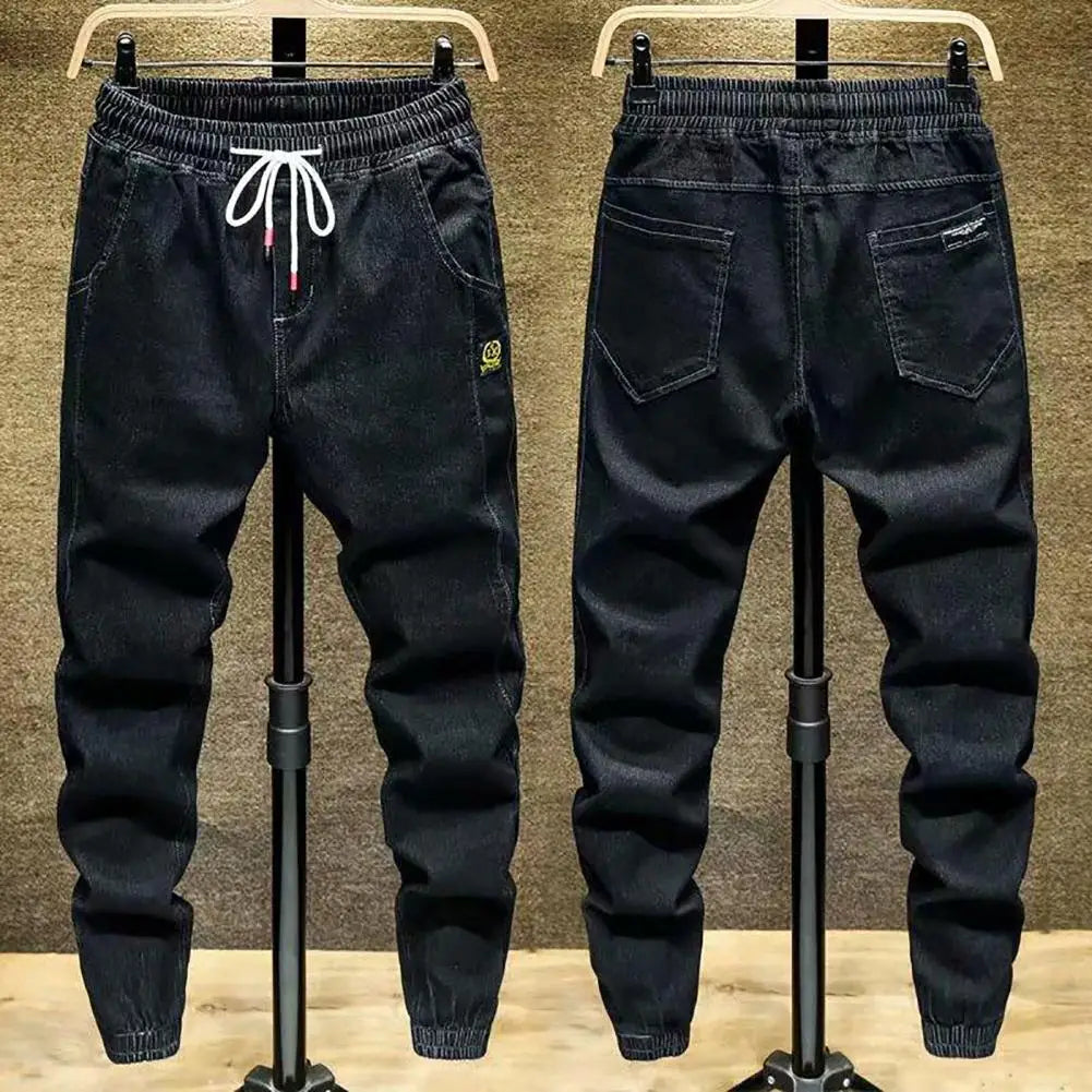 Trendy Men Jeans  Elastic Waist Spring Autumn Men Cargo Jeans  Lace-up Ankle Tied Harem Pants