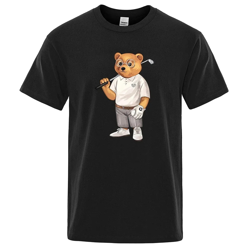 Cotton Sweat T-Shirts Breathable Loose Hip Hop Street Short Cotton Sweat T-Shirts BreathSleeve   Gentleman Teddy Bear Playing Golf Men T Shirts Summer