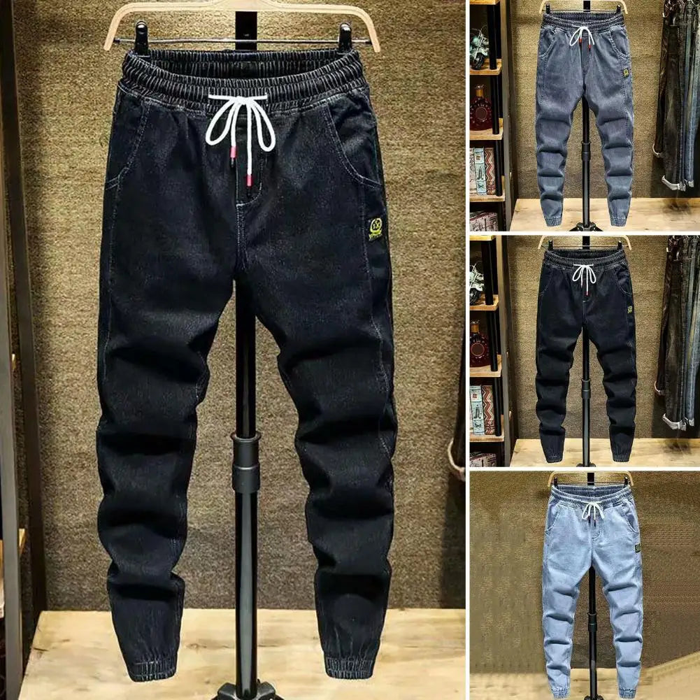 Trendy Men Jeans  Elastic Waist Spring Autumn Men Cargo Jeans  Lace-up Ankle Tied Harem Pants