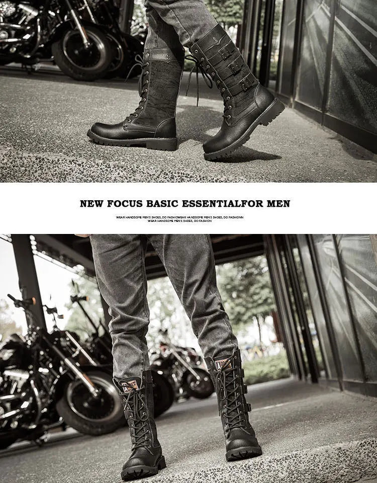 Men's Cowboy Boots High Top Inner Heightening Boots High Military Boots Plus Size Shoes Casual Sneakers Motorcycle Boots