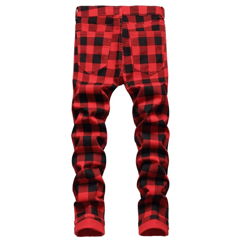 Spring Autumn Men's Slim Fit Elastic Jeans Fashion Trend Red Printed Plaid Straight Streetwear Denim Trousers Men Jeans