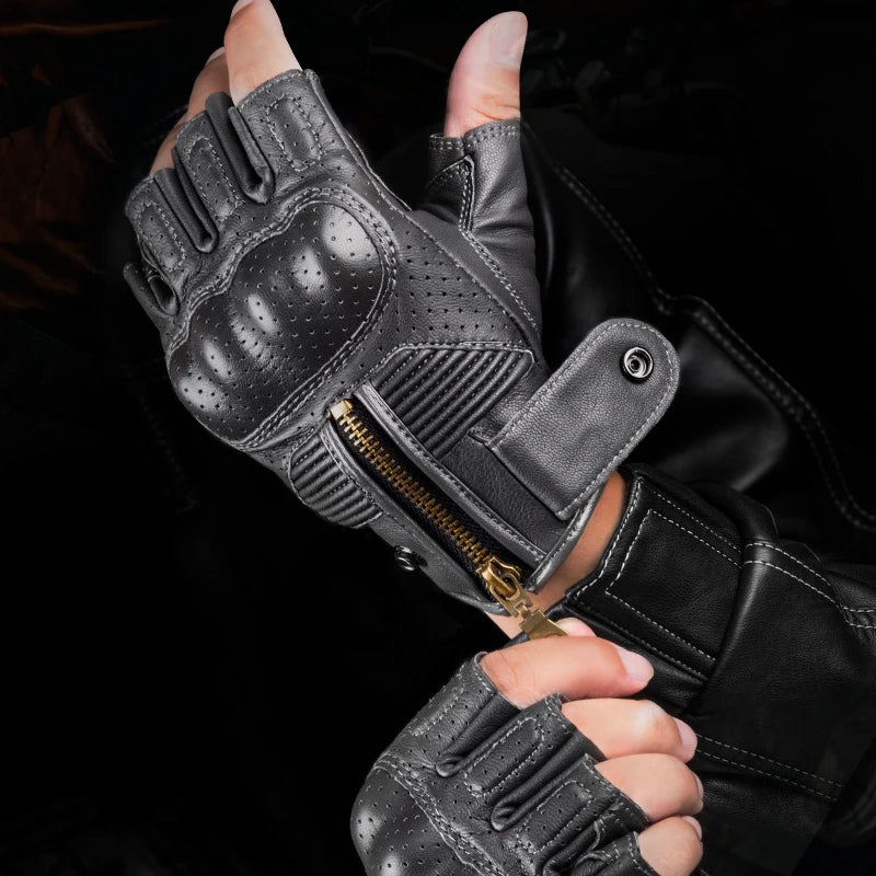 Summer Motorcycle Gloves Leather Half Finger Short Gloves Zipper Antique Tactical Luvas de Moto de Verão Couro Meio Dedo Tático