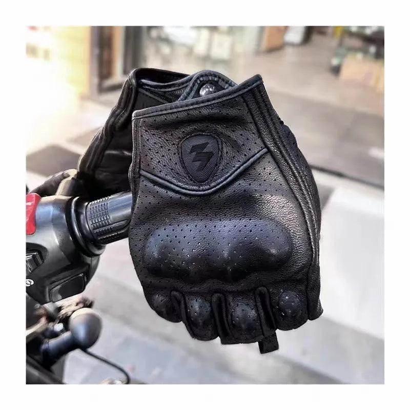 Women Half Finger Motorcycle Gloves Leather Guantes Moto Guantes Moto Motorcycle Fingerless Gloves Leather Moto Cycling Biker Racing