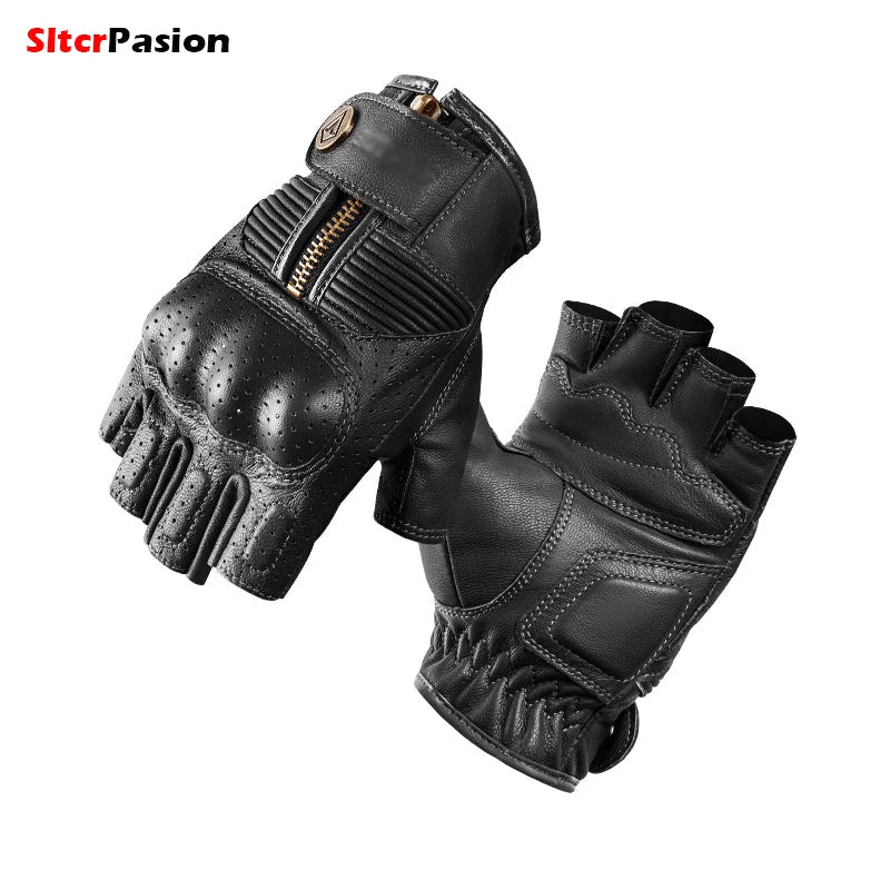 Summer Motorcycle Gloves Leather Half Finger Short Gloves Zipper Antique Tactical Luvas de Moto de Verão Couro Meio Dedo Tático