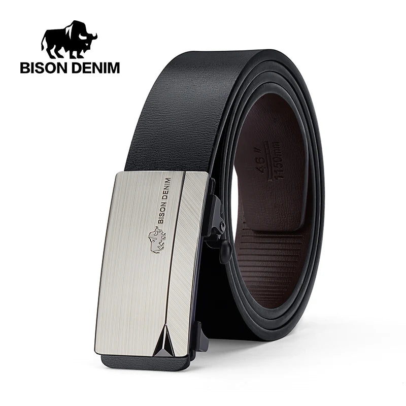 BISON DENIM Mens Leather Belt Automatic Buckle Business Style Strap Leisure Fashion Male's Waistband Top Quality For Men Jeans