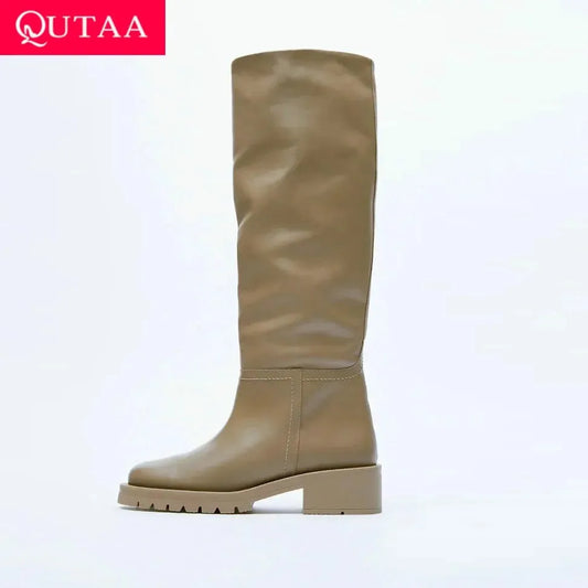 QUTAA INS Fashion Women Knee High Boots Full Cow Leather Warm Flats Thick High Heels Motorcycle Boots Woman Lady Shoes 34-43