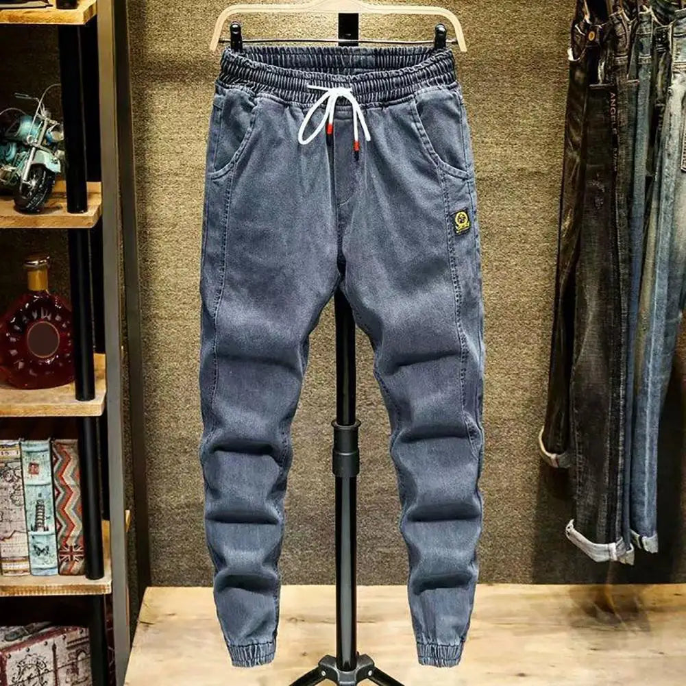 Trendy Men Jeans  Elastic Waist Spring Autumn Men Cargo Jeans  Lace-up Ankle Tied Harem Pants