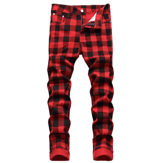 Spring Autumn Men's Slim Fit Elastic Jeans Fashion Trend Red Printed Plaid Straight Streetwear Denim Trousers Men Jeans