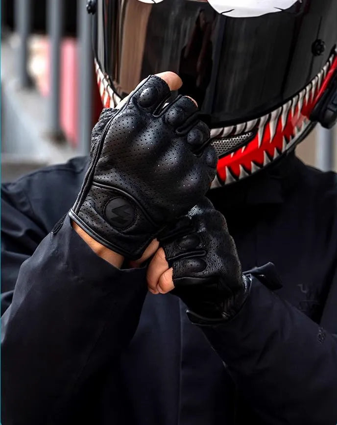 Women Half Finger Motorcycle Gloves Leather Guantes Moto Guantes Moto Motorcycle Fingerless Gloves Leather Moto Cycling Biker Racing