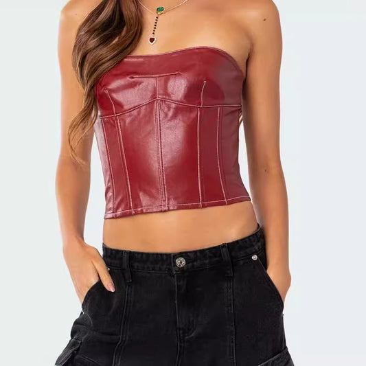 Women's Fashion PU Leather Lace-up Waist-controlled Top