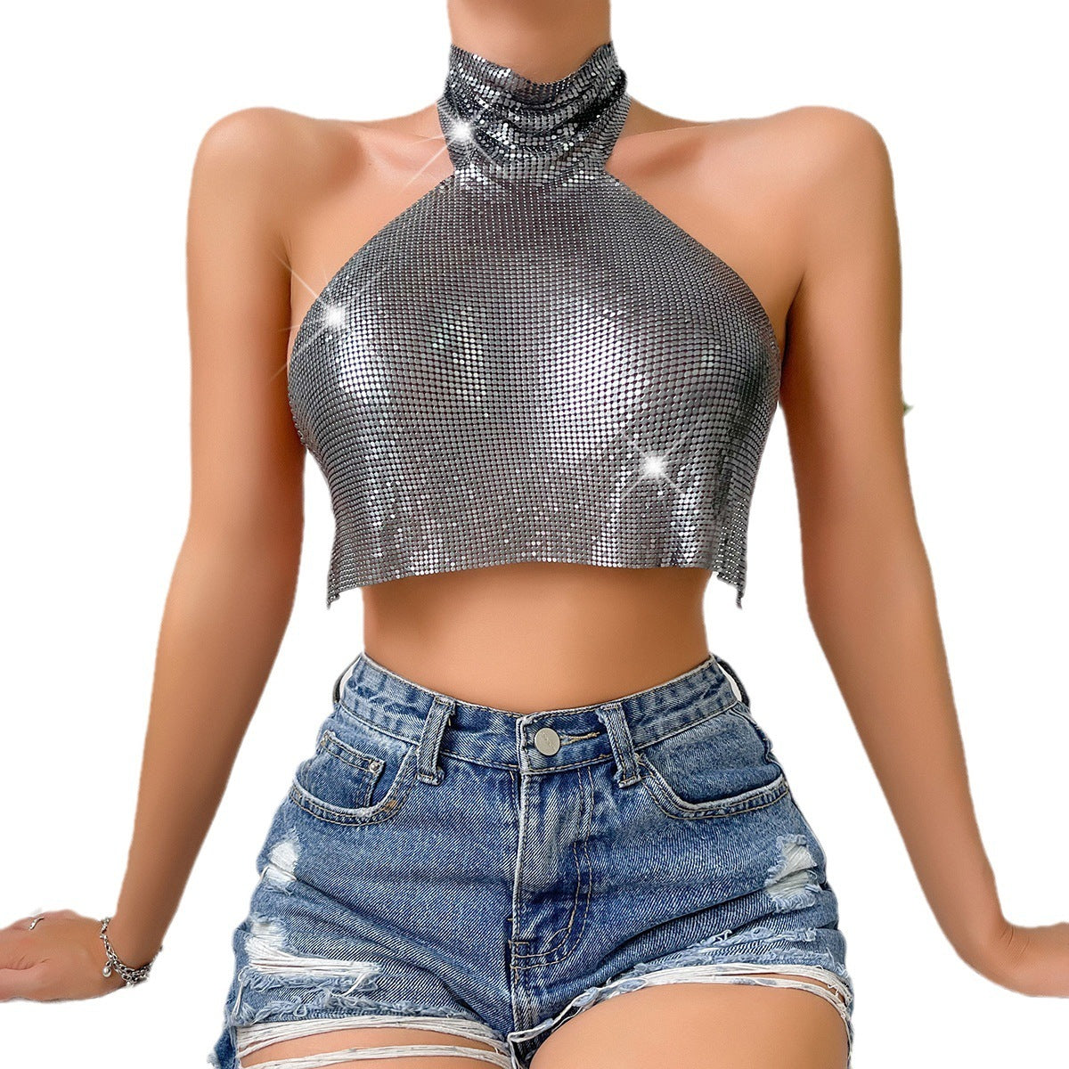 Women's Fashionable Sequins Turtleneck Vest Top