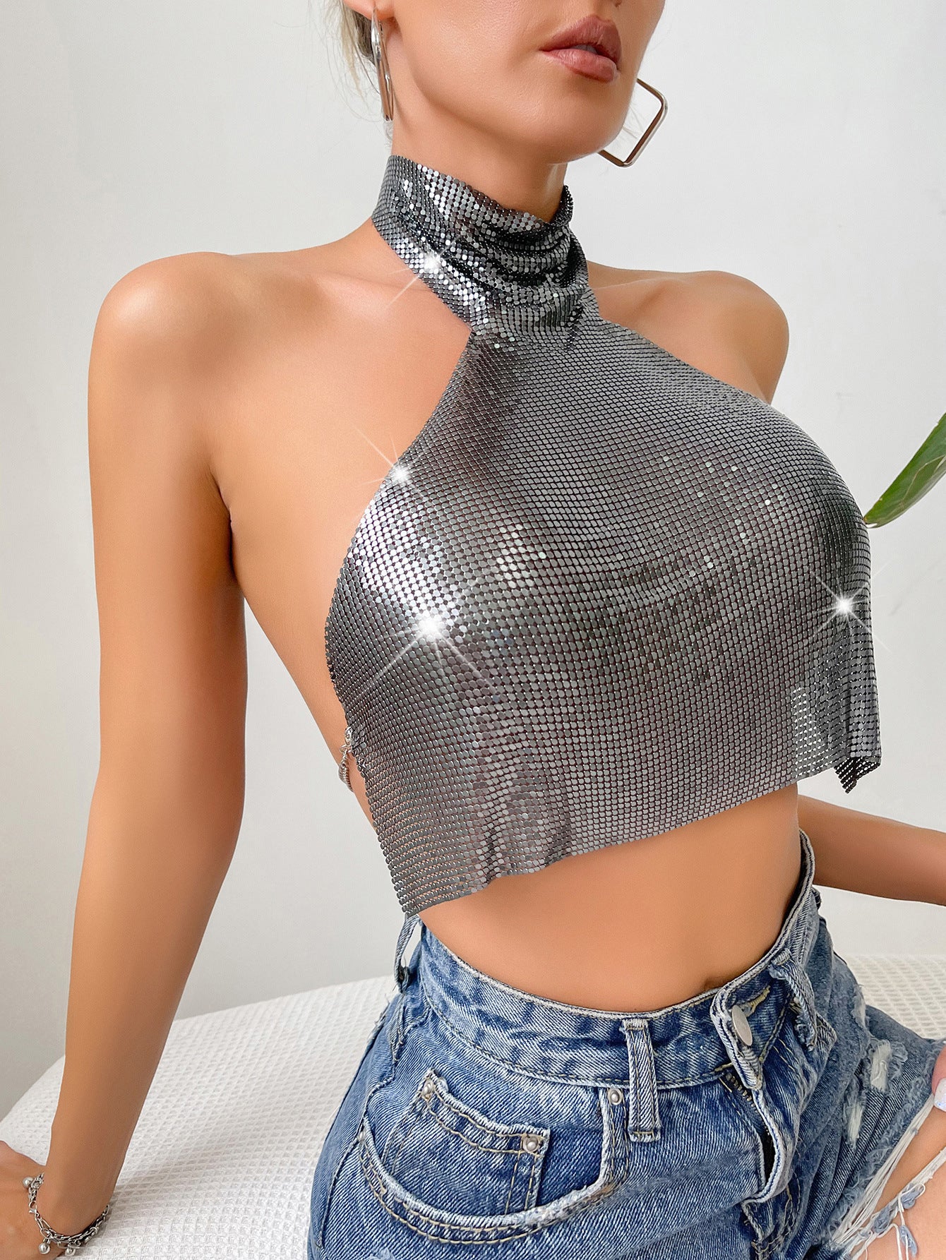 Women's Fashionable Sequins Turtleneck Vest Top