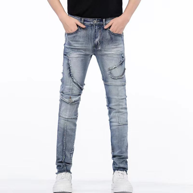 Distressed Raw Hem Ripped Stitching Stretch Denim Trousers