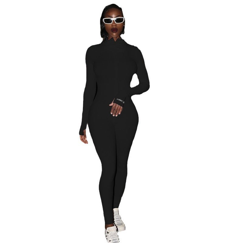 Women's Zipper Stretch Turtleneck And Embroidered Slim Fit Fitness Jumpsuit Yoga Suit