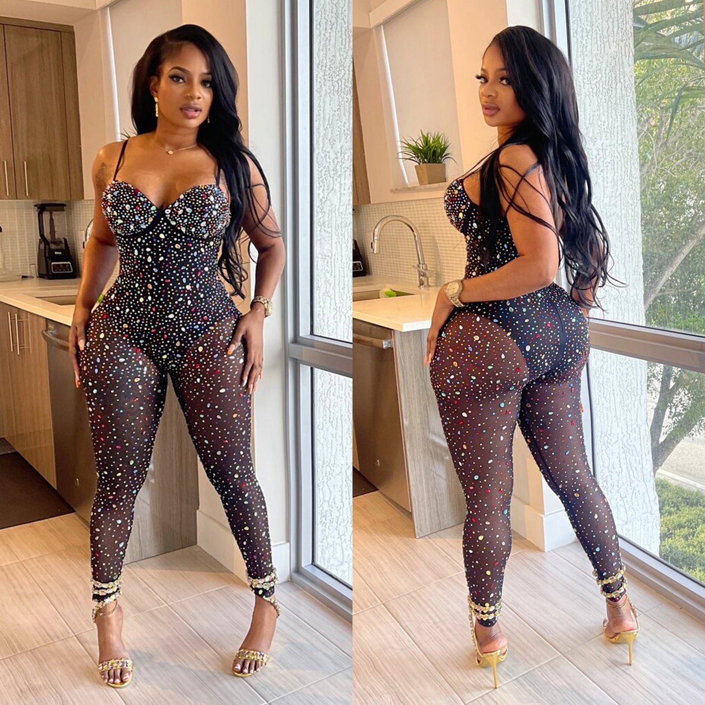 Women's Pure Color Mesh Rhinestone Pants Jumpsuit